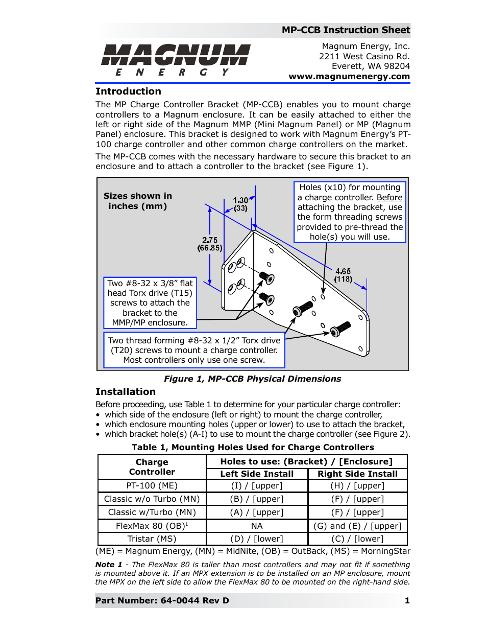 Magnum Energy Charge Controller Bracket (MP-CCB) User Manual | 2 pages