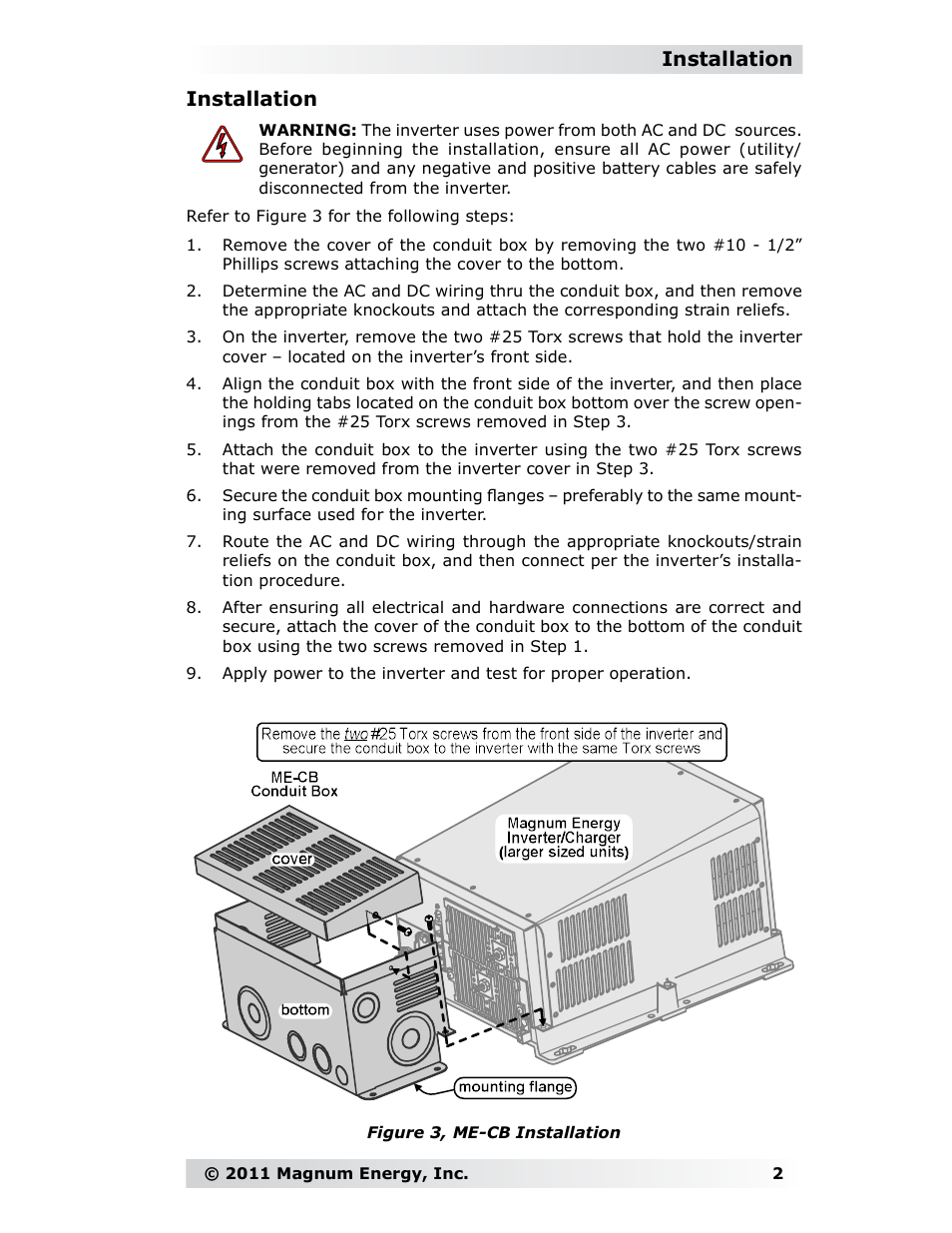 Installation | Magnum Energy Conduit Box (ME-CB) User Manual | Page 3 / 4