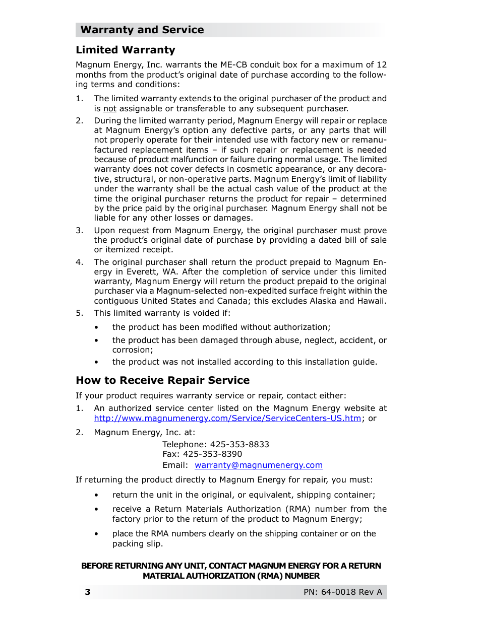 Limited warranty, How to receive repair service, Warranty and service | Magnum Energy Conduit Box (ME-CB) User Manual | Page 4 / 4