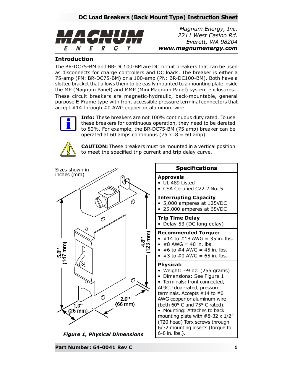 Magnum Energy DC Breakers (BR-DC) User Manual | 2 pages