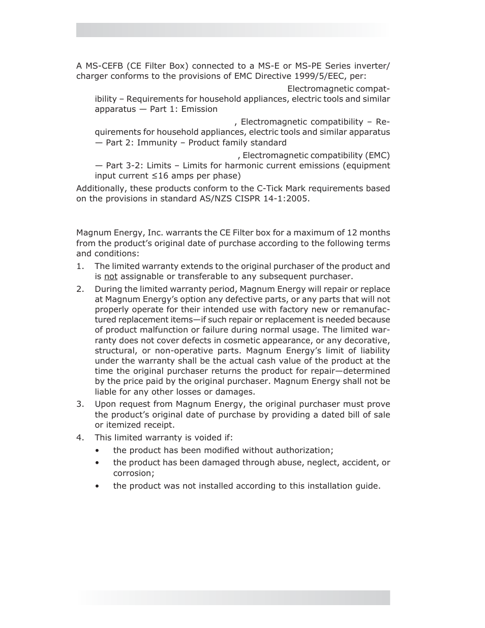 Eu directives and standards, Limited warranty, Eu standards/limited warranty | Magnum Energy Filter Box (MS-CEFB) User Manual | Page 12 / 12