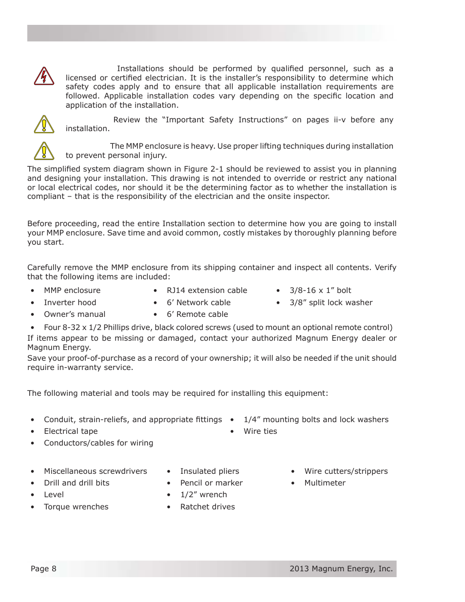 0 installation, 1 preparation | Magnum Energy Mini Magnum Panel (MMP Series) User Manual | Page 17 / 70