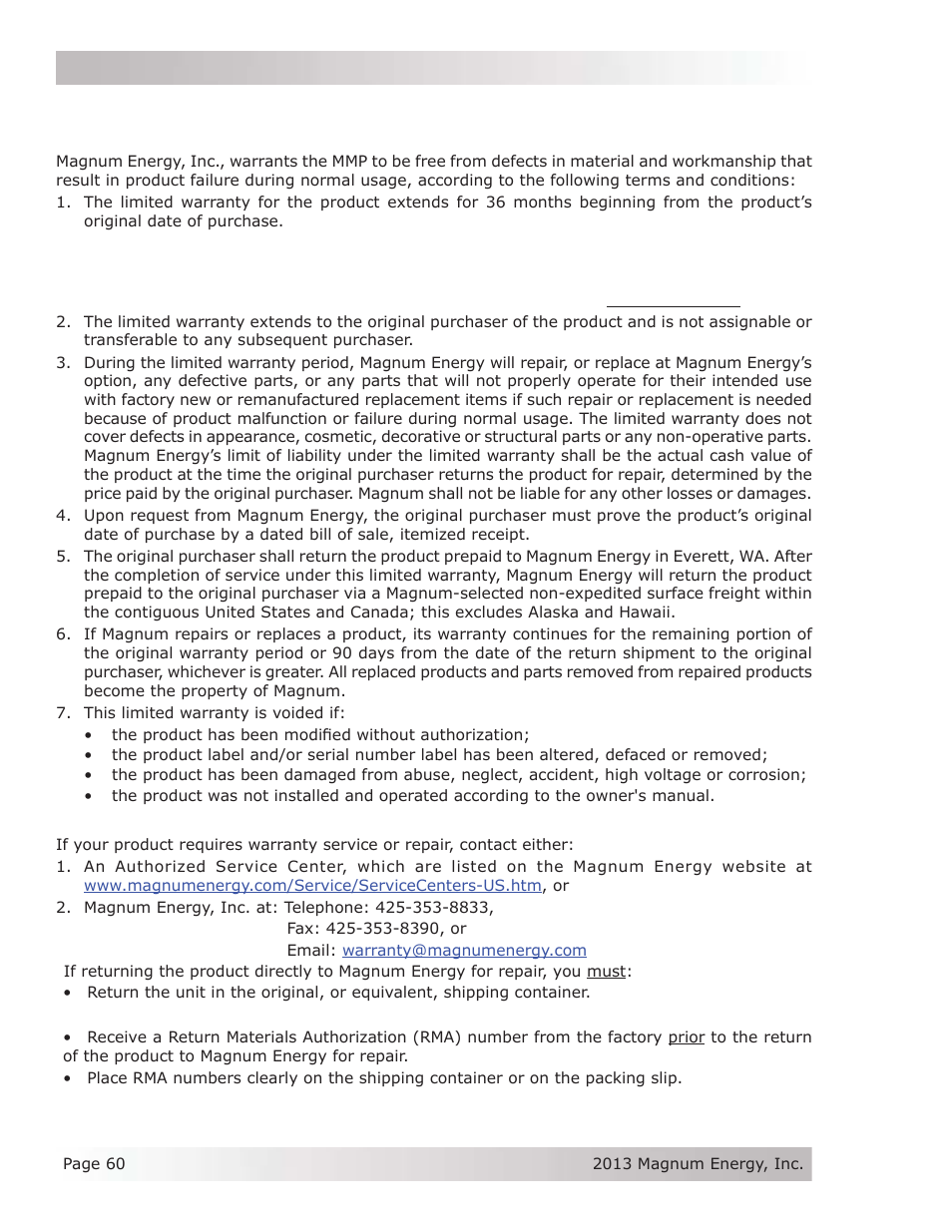 Appendix c – warranty and service, C1 limited warranty, C2 how to receive repair service | Magnum Energy Mini Magnum Panel (MMP Series) User Manual | Page 69 / 70