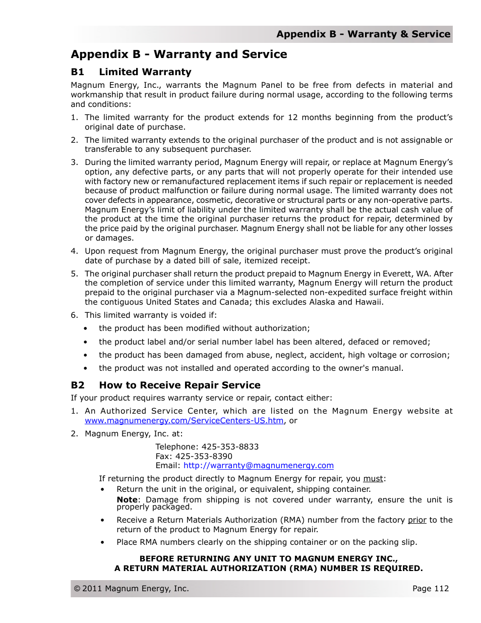 Appendix b - warranty and service | Magnum Energy Magnum Panel (MP Series) User Manual | Page 119 / 120