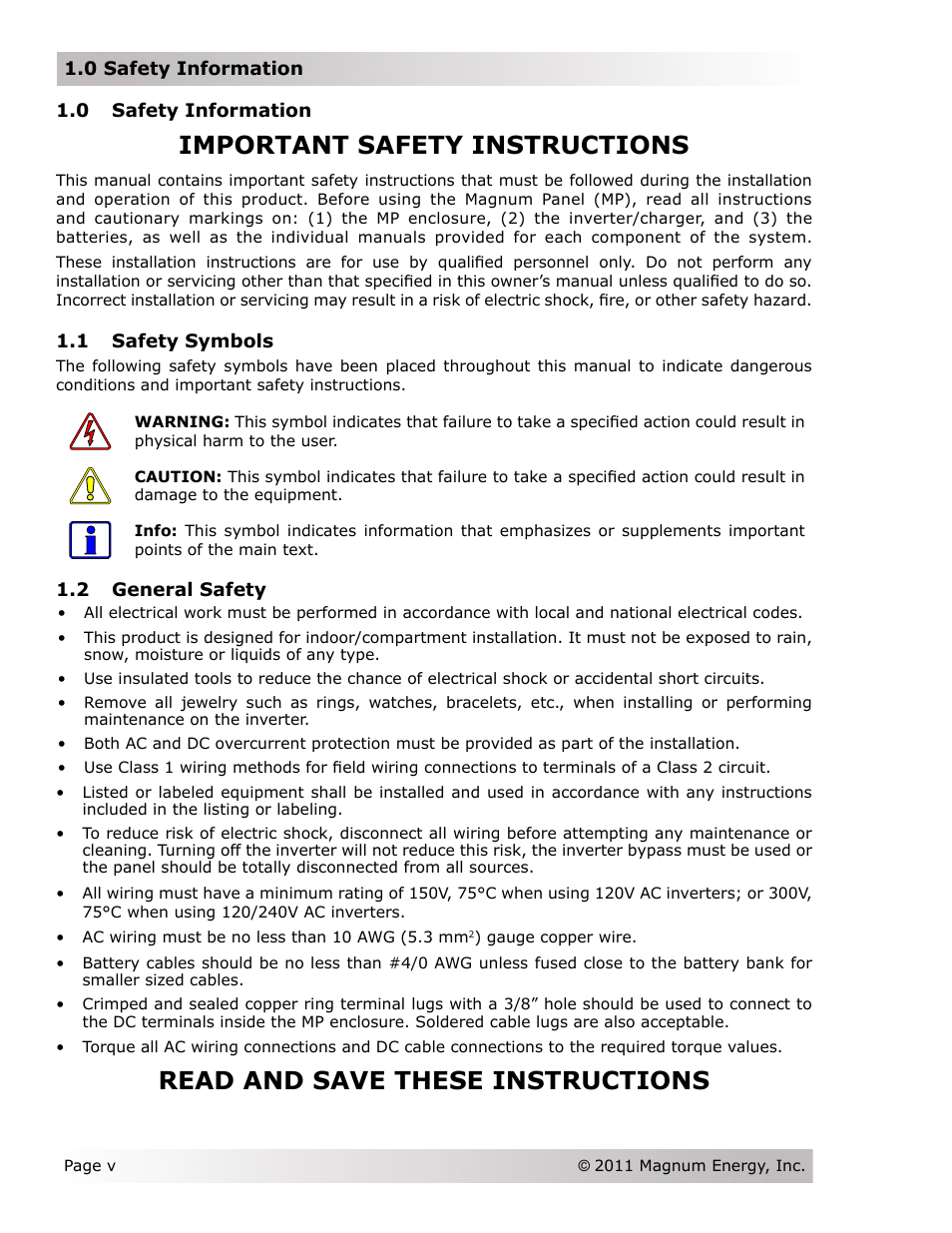 Important safety instructions, Read and save these instructions | Magnum Energy Magnum Panel (MP Series) User Manual | Page 6 / 120