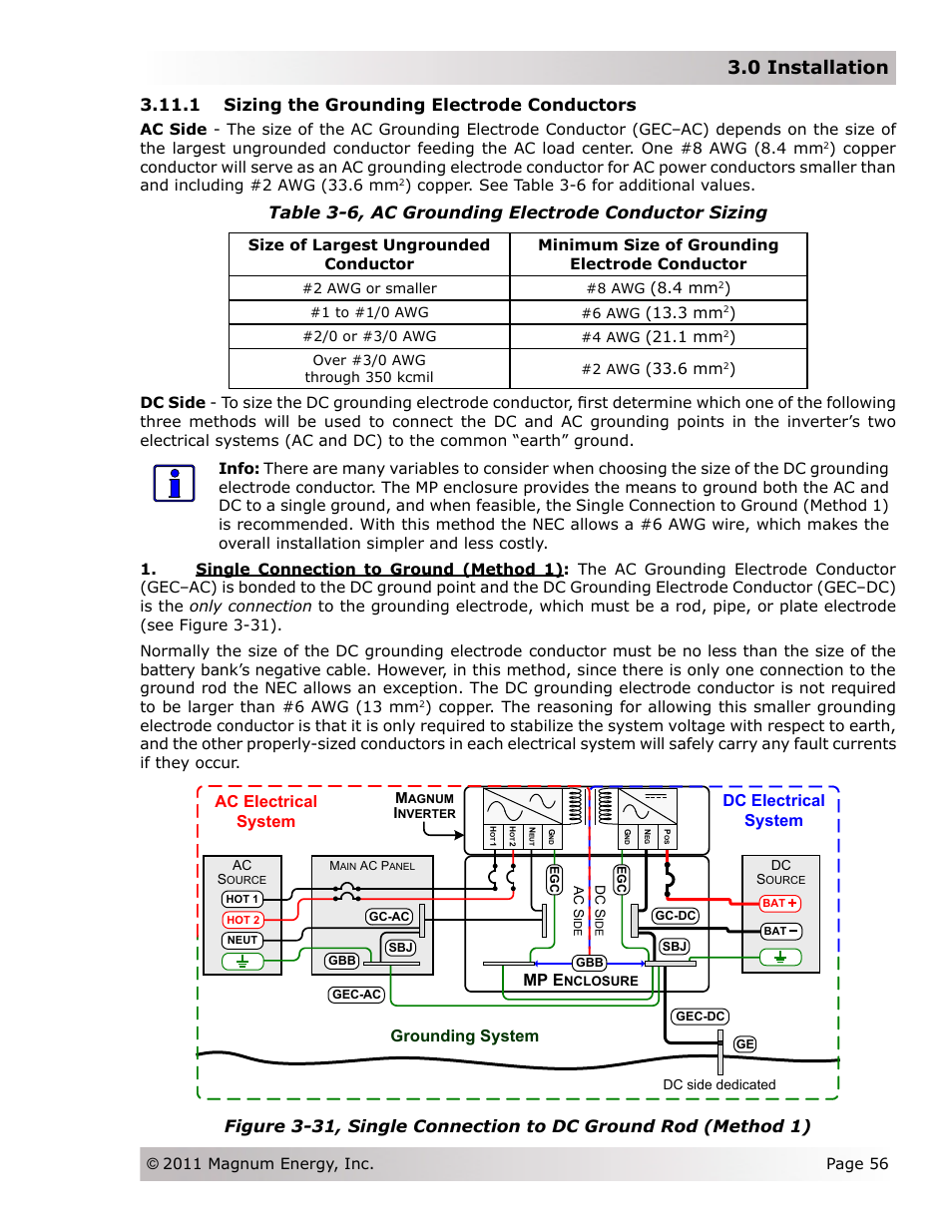 0 installation, 1 sizing the grounding electrode conductors, Table 3-6, ac grounding electrode conductor sizing | Mp e | Magnum Energy Magnum Panel (MP Series) User Manual | Page 63 / 120