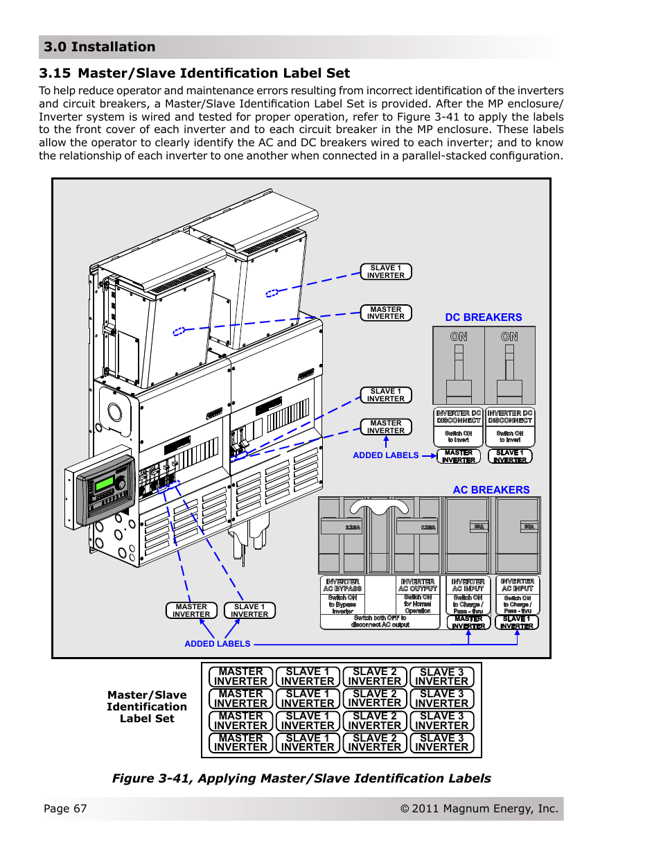 0 installation, 15 master/slave identifi cation label set | Magnum Energy Magnum Panel (MP Series) User Manual | Page 74 / 120