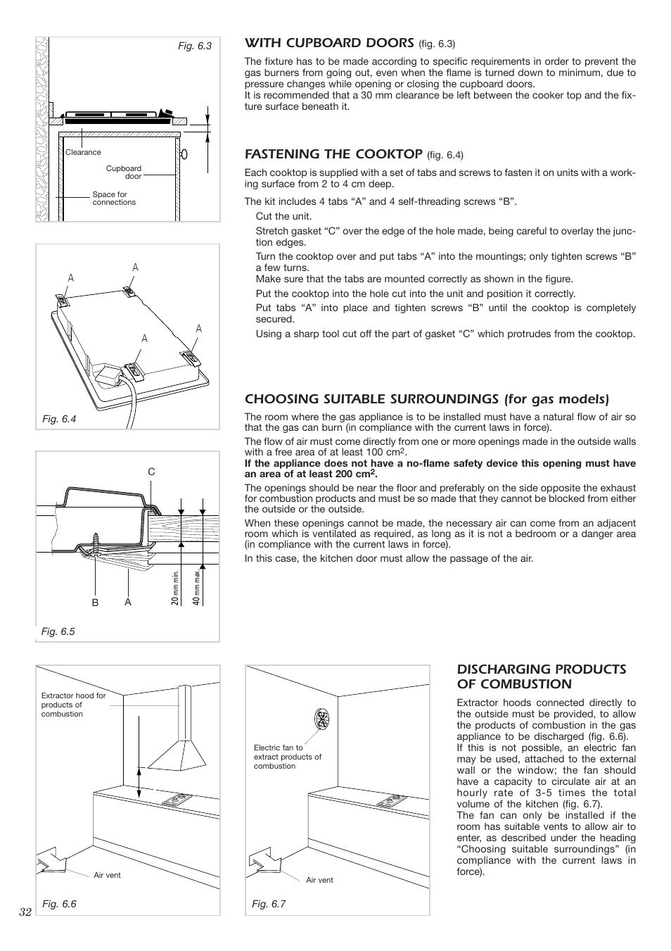 Choosing suitable surroundings (for gas models), Discharging products of combustion, Fastening the cooktop | With cupboard doors | CDA HCE340 User Manual | Page 13 / 21