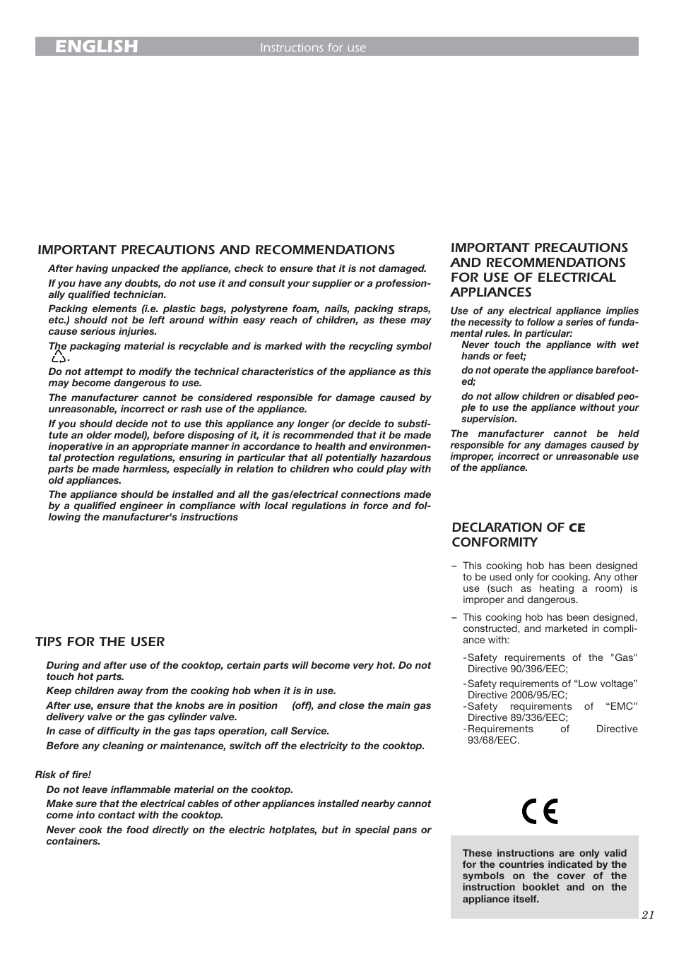 English, Important precautions and recommendations, Tips for the user | Declaration of, Conformity | CDA HCE340 User Manual | Page 2 / 21