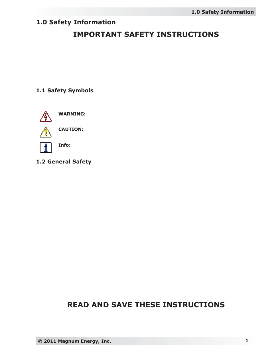 Important safety instructions, Read and save these instructions, 0 safety information | Magnum Energy MP Extension Box (MPX Series) User Manual | Page 5 / 63