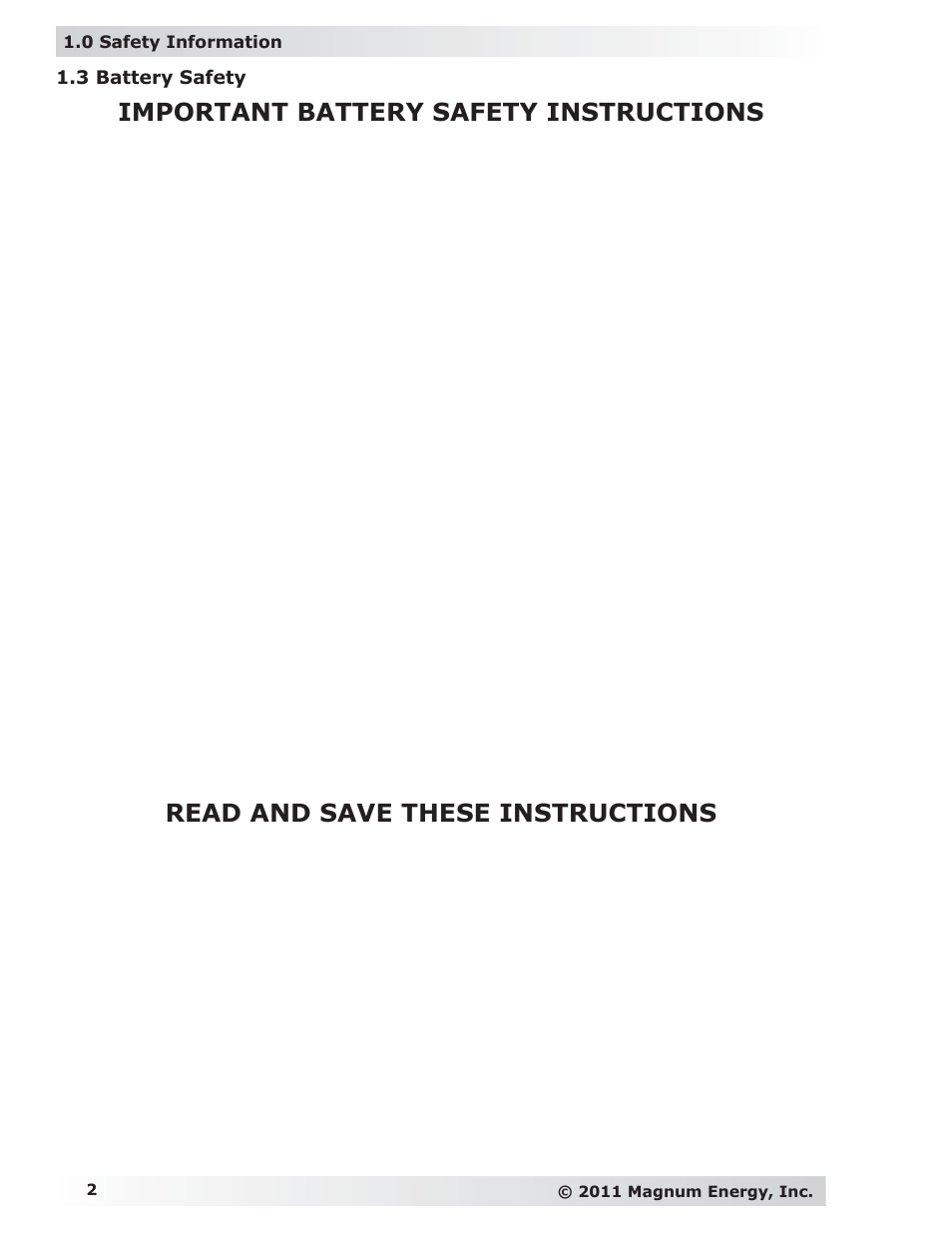 Important battery safety instructions, Read and save these instructions | Magnum Energy MP Extension Box (MPX Series) User Manual | Page 6 / 63