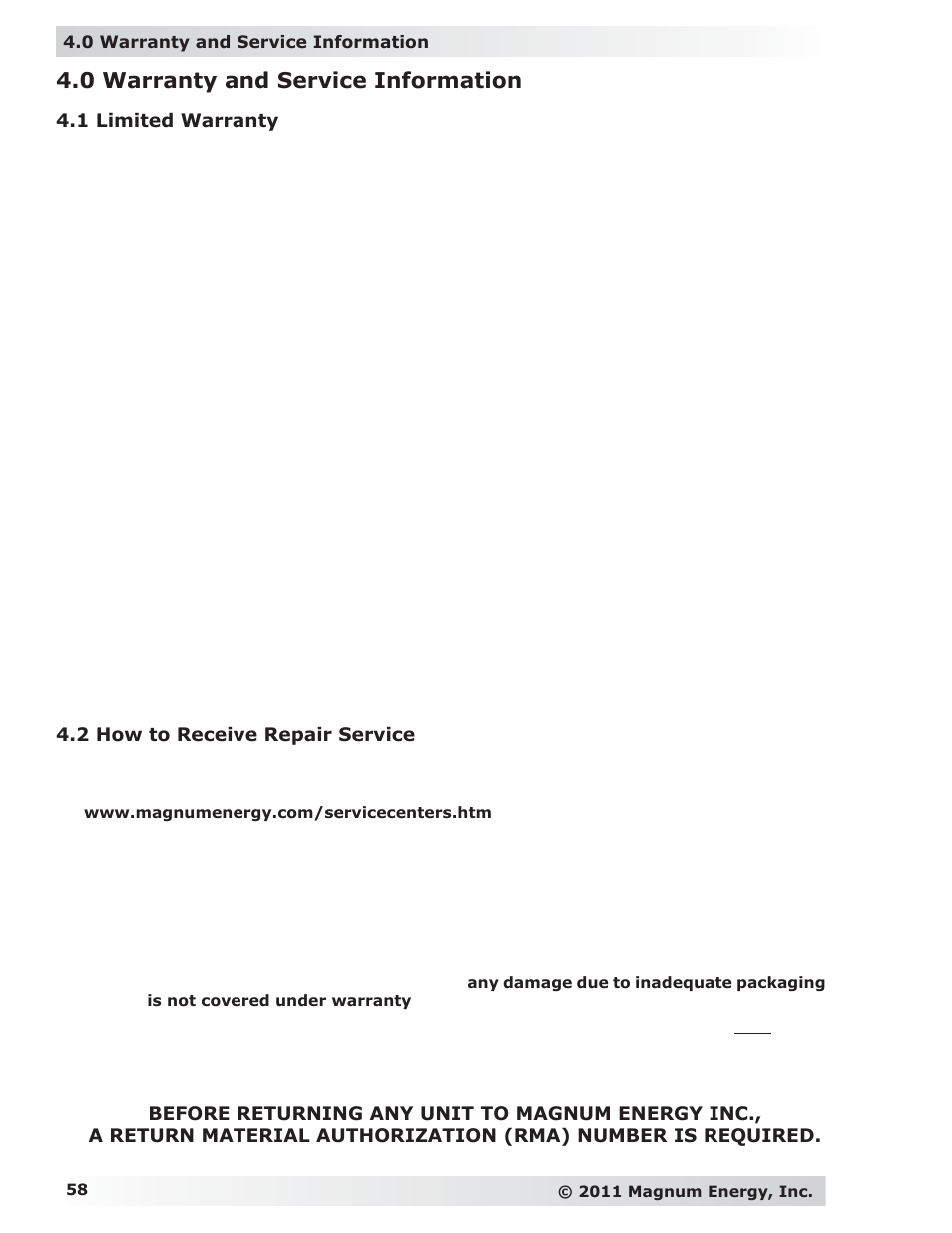 0 warranty and service information | Magnum Energy MP Extension Box (MPX Series) User Manual | Page 62 / 63