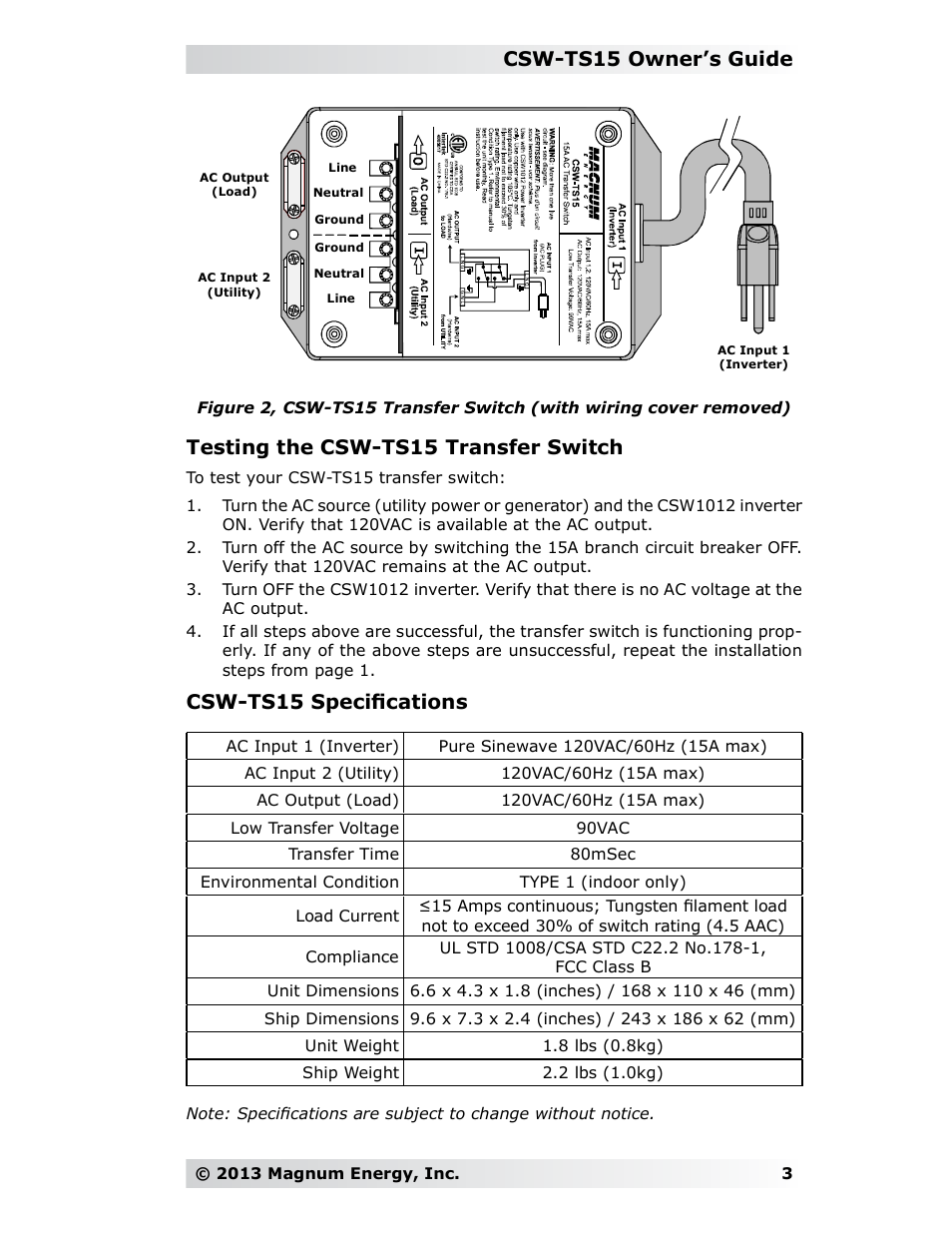 Csw-ts15 owner’s guide, Testing the csw-ts15 transfer switch, Csw-ts15 speciﬁ cations | Magnum Energy AC Transfer Switch (CSW-TS15) User Manual | Page 3 / 4