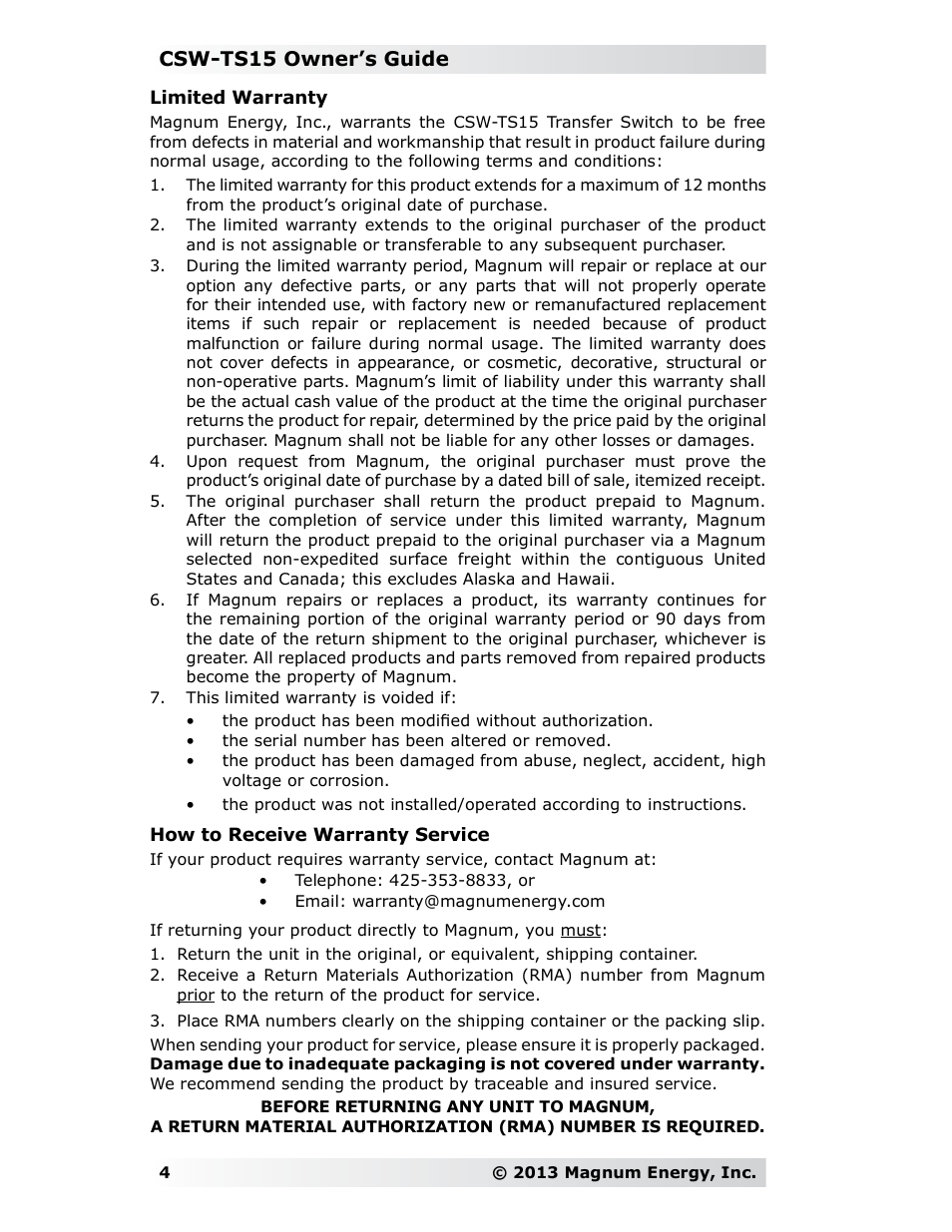 Csw-ts15 owner’s guide | Magnum Energy AC Transfer Switch (CSW-TS15) User Manual | Page 4 / 4