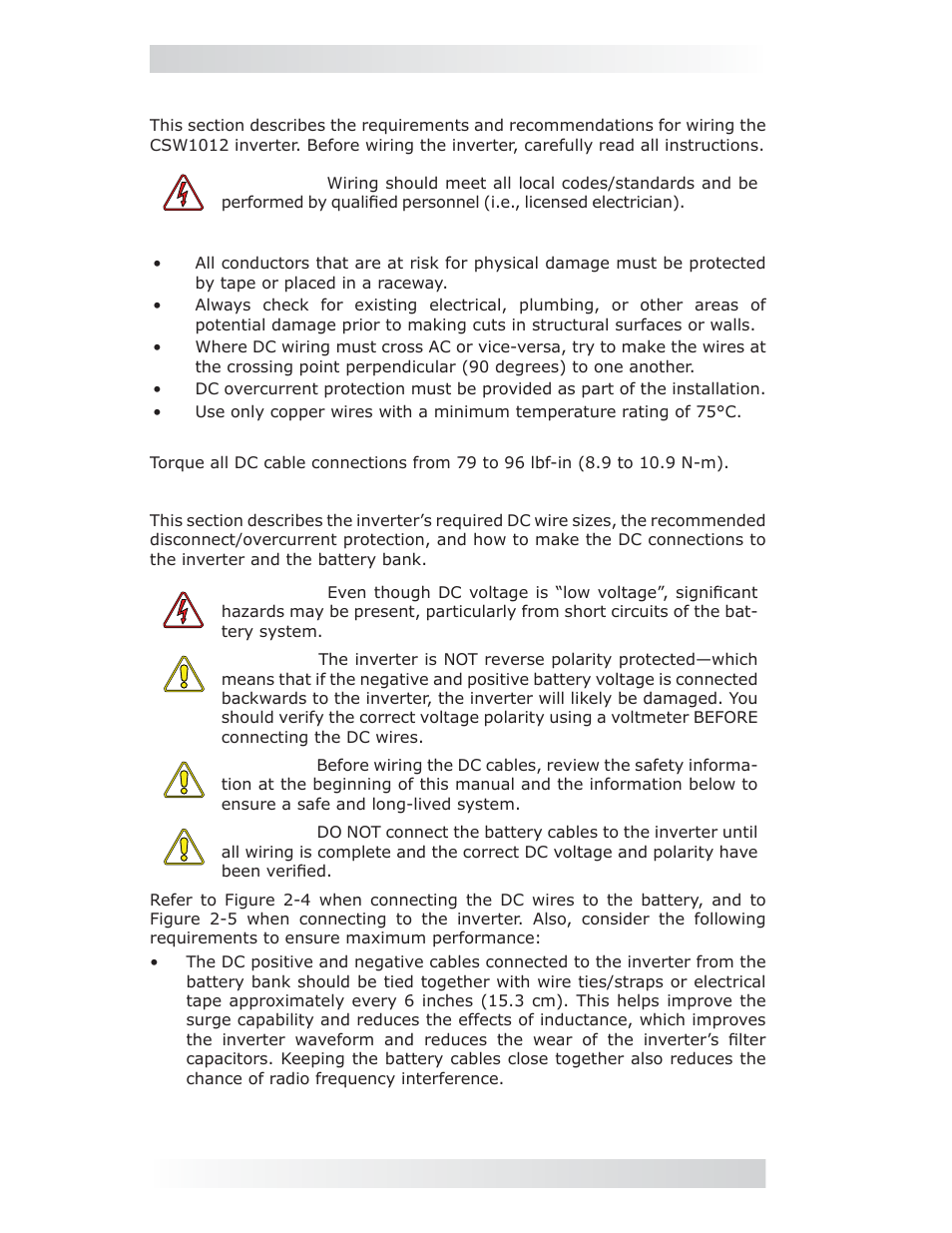 3 wiring the inverter – general requirements, 4 dc wiring, 0 installation | Magnum Energy CSW1012 User Manual | Page 12 / 24