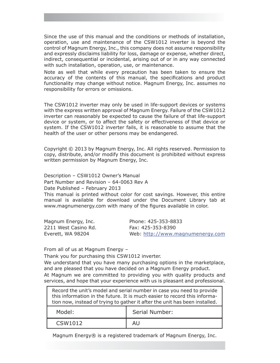 Magnum Energy CSW1012 User Manual | Page 2 / 24