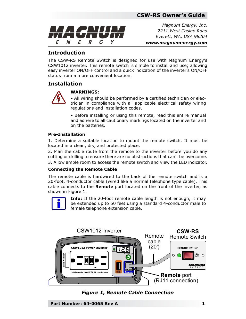 Magnum Energy CSW Remote Switch (CSW-RS) User Manual | 4 pages