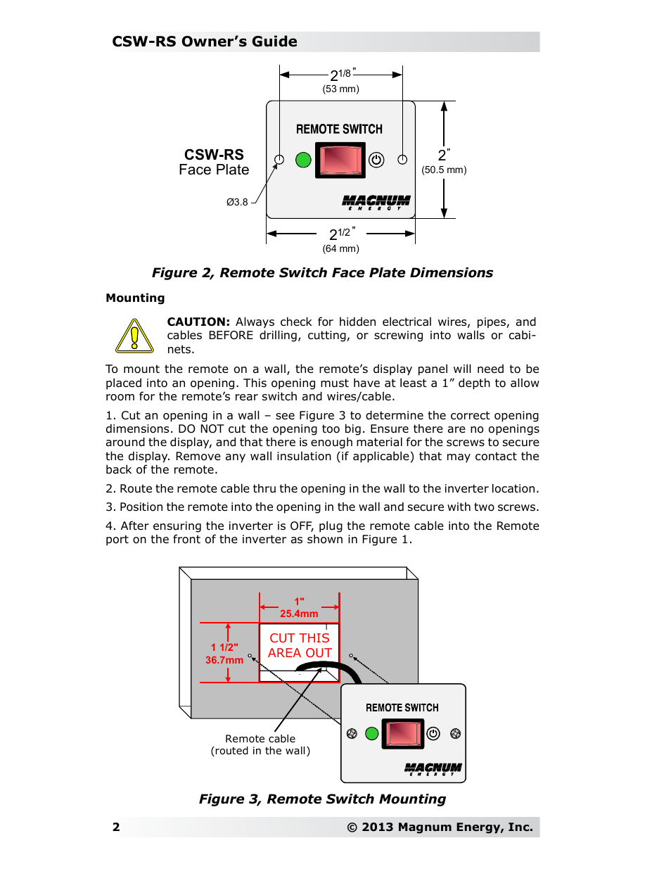 Csw-rs owner’s guide, Csw-rs face plate | Magnum Energy CSW Remote Switch (CSW-RS) User Manual | Page 2 / 4