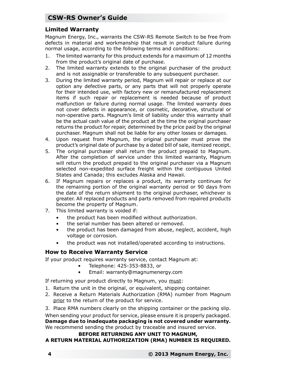 Csw-rs owner’s guide | Magnum Energy CSW Remote Switch (CSW-RS) User Manual | Page 4 / 4