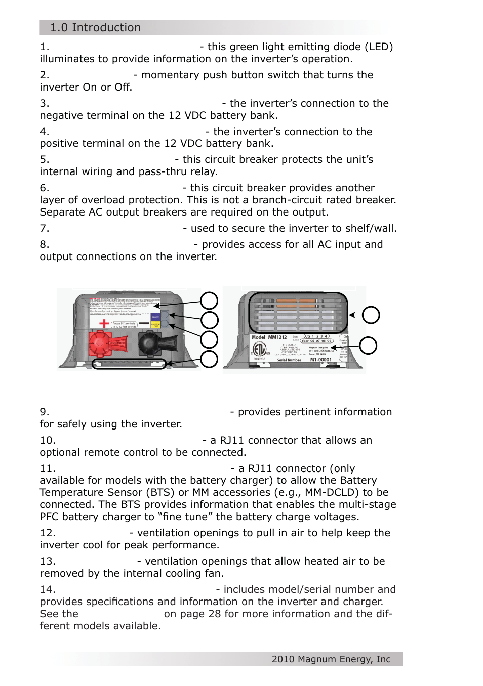 Front side, Back side | Magnum Energy MM612 Inverter User Manual | Page 10 / 44