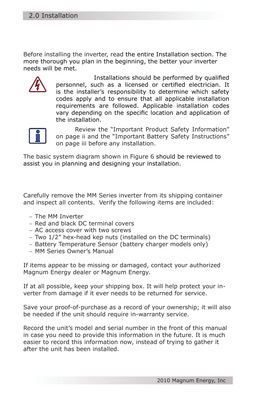 0 installation | Magnum Energy MM612 Inverter User Manual | Page 12 / 44