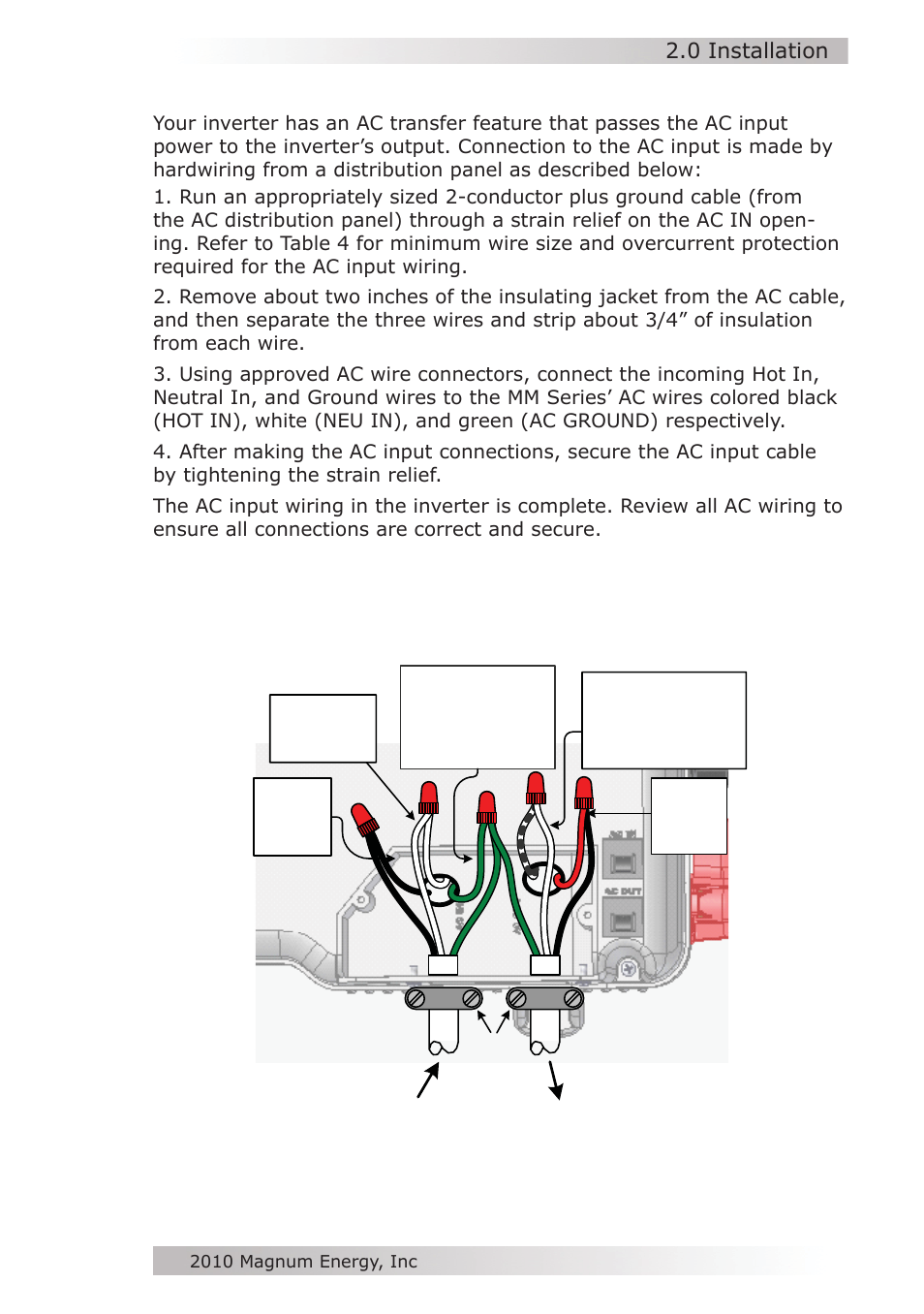 Ac in ac out, Ac ground in/out, Neutral in | Hot out, Neutral out, Hot in | Magnum Energy MM612 Inverter User Manual | Page 25 / 44
