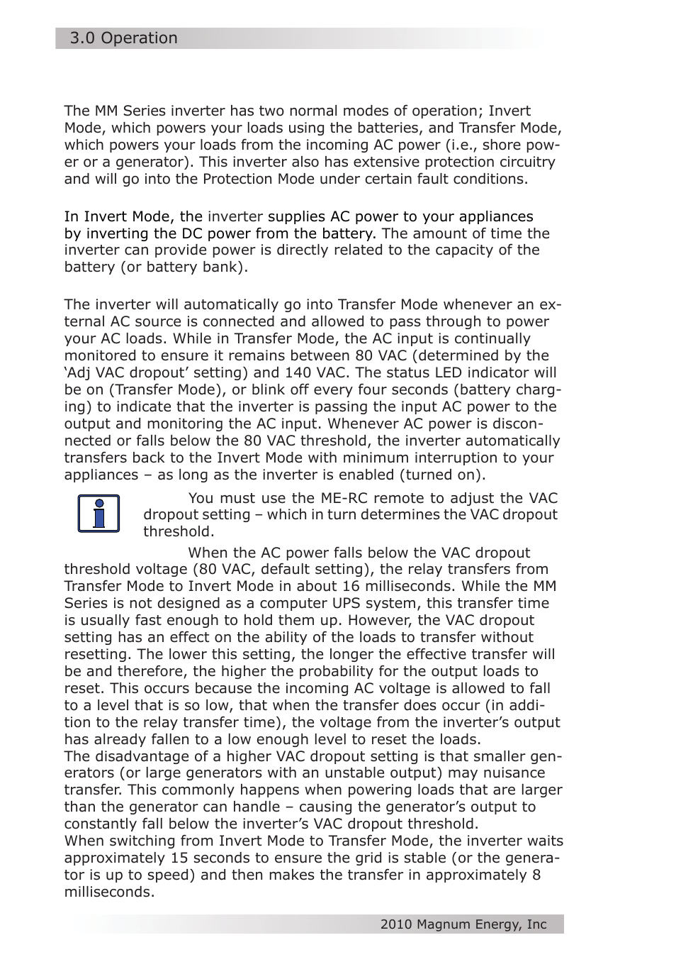 0 operation | Magnum Energy MM612 Inverter User Manual | Page 28 / 44