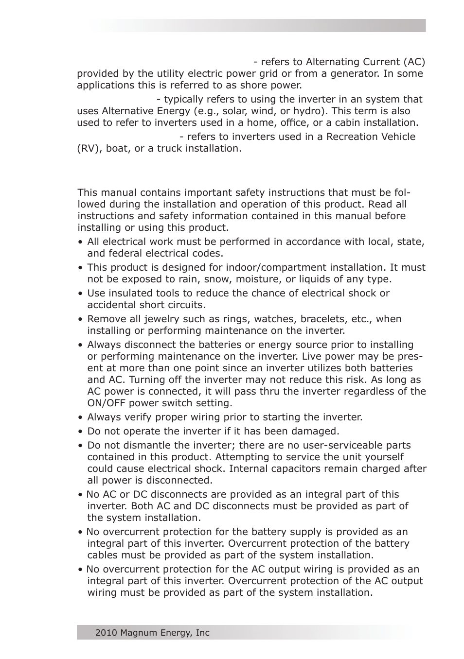 Save these instructions, Important product safety instructions | Magnum Energy MM612 Inverter User Manual | Page 3 / 44