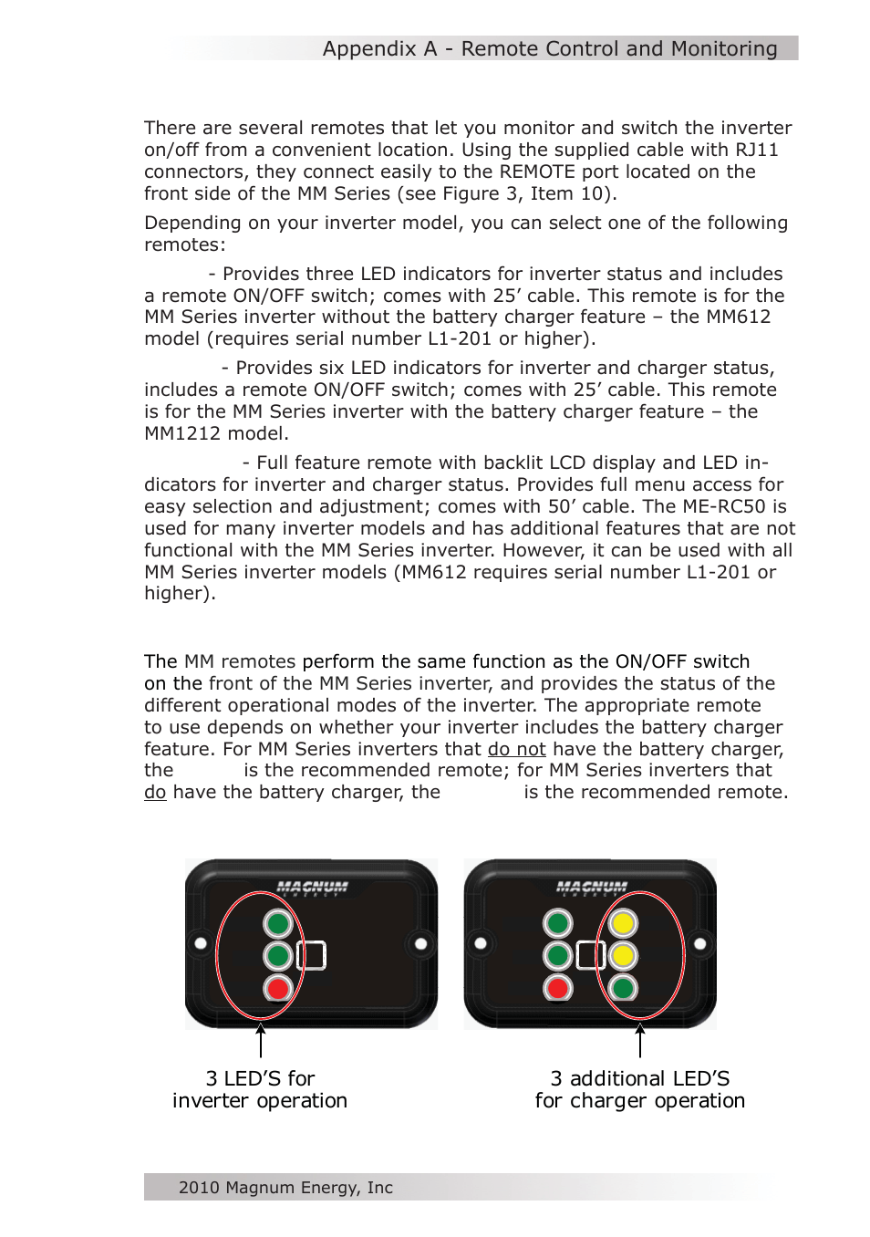 Mm-r mm-rc, Appendix a - remote control and monitoring, Using the mm-r and mm-rc remotes | Magnum Energy MM612 Inverter User Manual | Page 35 / 44