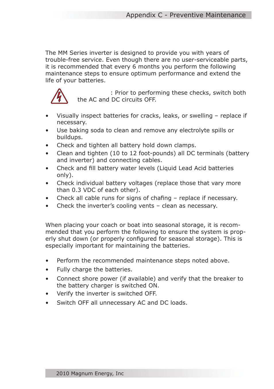 Appendix c - preventive maintenance | Magnum Energy MM612 Inverter User Manual | Page 41 / 44