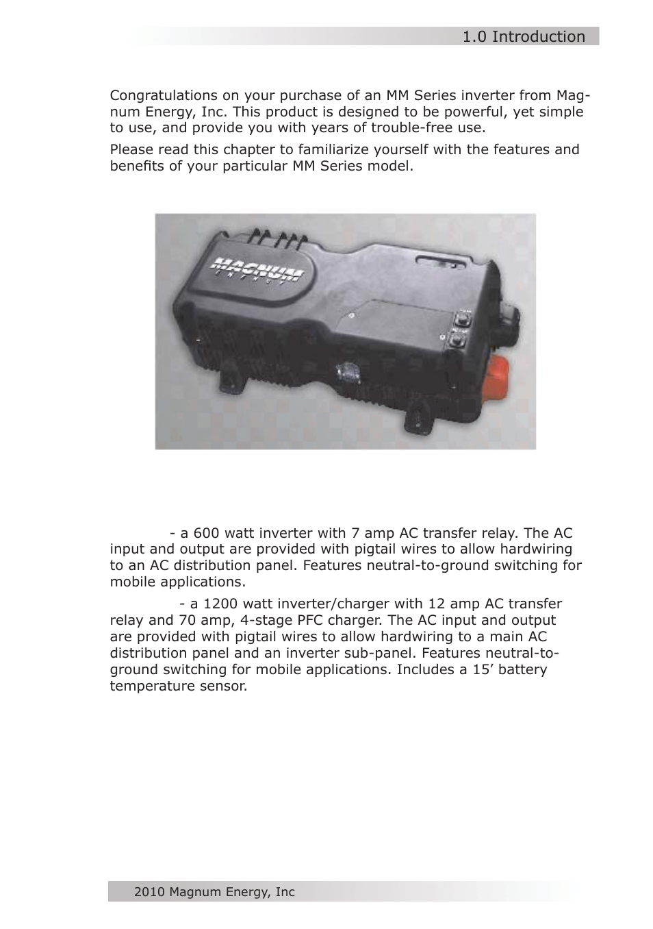 0 introduction | Magnum Energy MM612 Inverter User Manual | Page 7 / 44