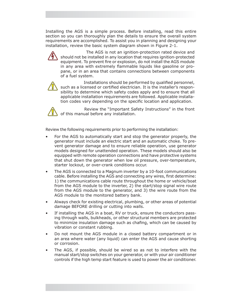0 installation, 1 installation requirements | Magnum Energy AGS Network (ME-AGS-N) User Manual | Page 10 / 103