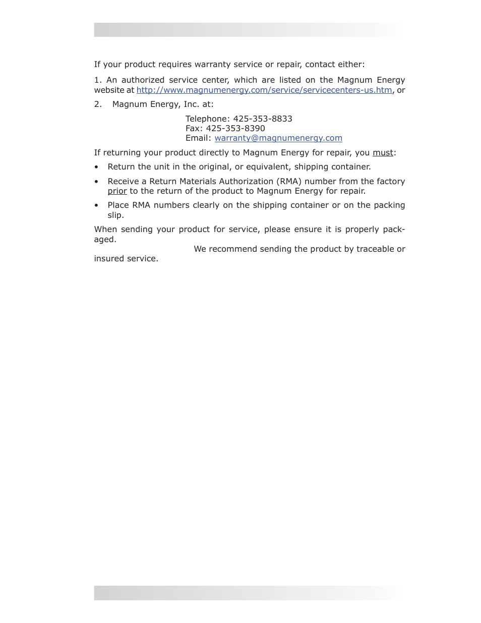 1 how to receive repair service, 0 warranty & service information | Magnum Energy AGS Network (ME-AGS-N) User Manual | Page 102 / 103