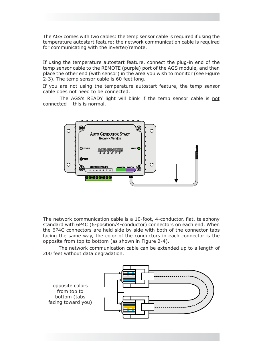 4 connecting the cables, 0 installation 2.4 connecting the cables | Magnum Energy AGS Network (ME-AGS-N) User Manual | Page 13 / 103