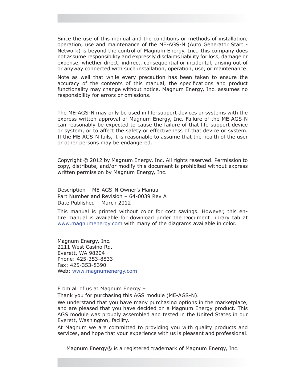 Magnum Energy AGS Network (ME-AGS-N) User Manual | Page 2 / 103