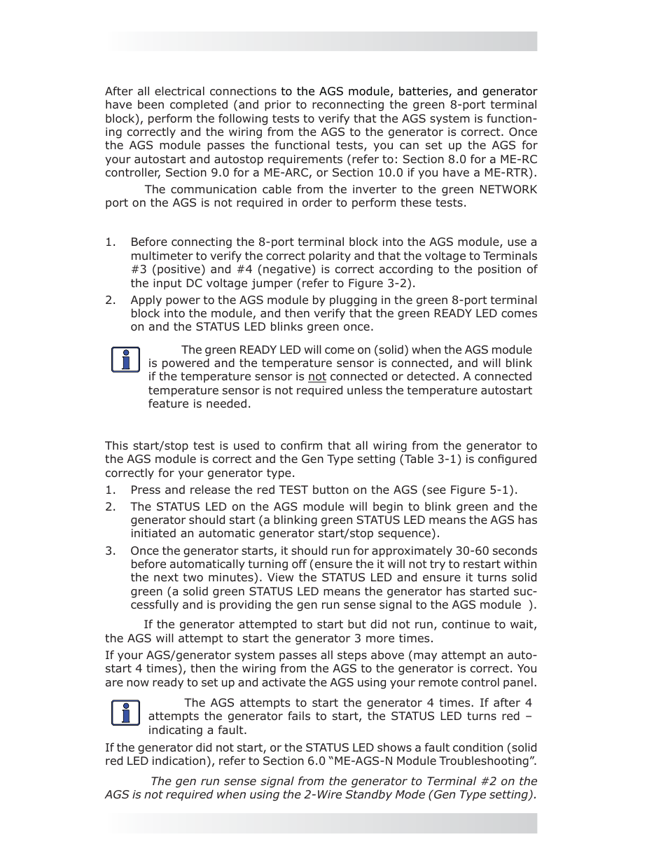 0 me-ags-n module functional tests, 1 power-up test, 2 generator wiring test | Magnum Energy AGS Network (ME-AGS-N) User Manual | Page 27 / 103