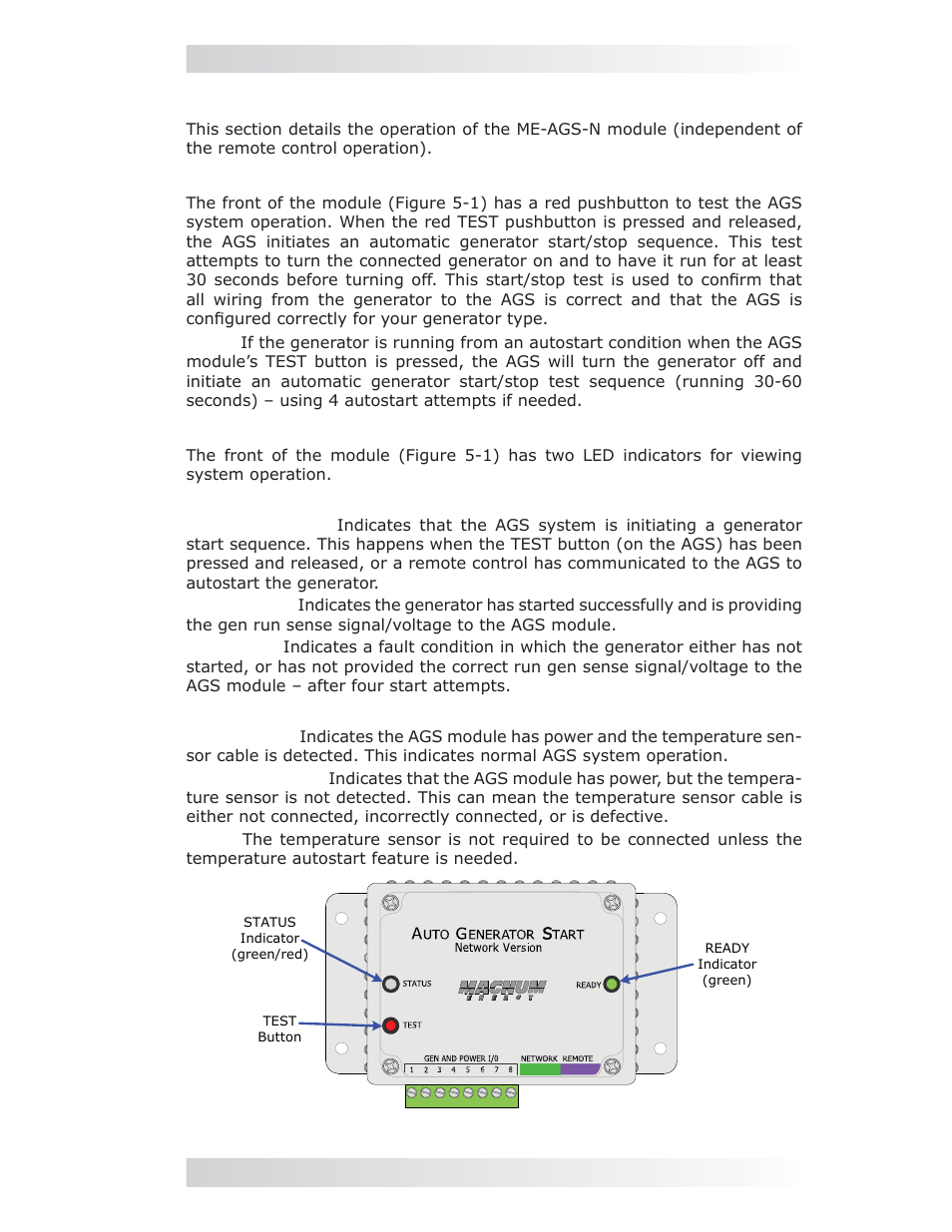 0 me-ags-n module operation, 1 me-ags-n module test pushbutton, 2 me-ags-n module led indicators | Magnum Energy AGS Network (ME-AGS-N) User Manual | Page 28 / 103