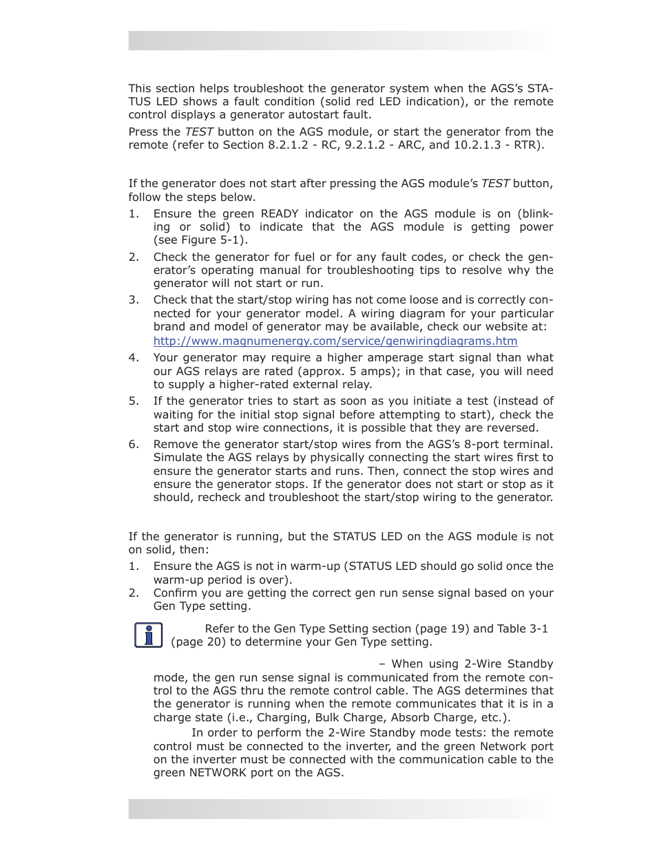 2 generator starting/running troubleshooting | Magnum Energy AGS Network (ME-AGS-N) User Manual | Page 30 / 103