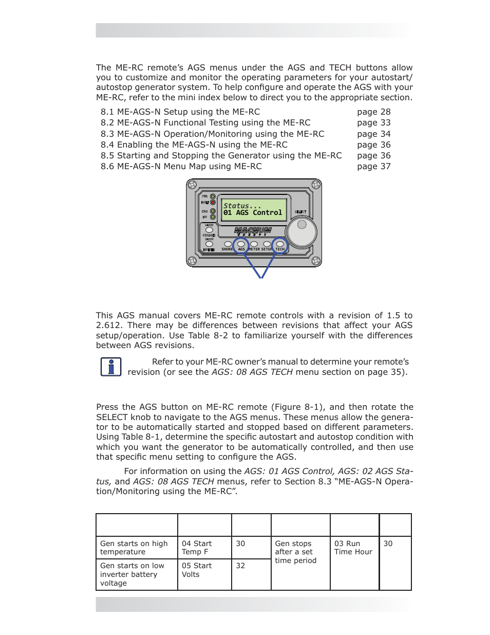 0 using the me-rc remote, 1 me-ags-n setup using the me-rc | Magnum Energy AGS Network (ME-AGS-N) User Manual | Page 34 / 103