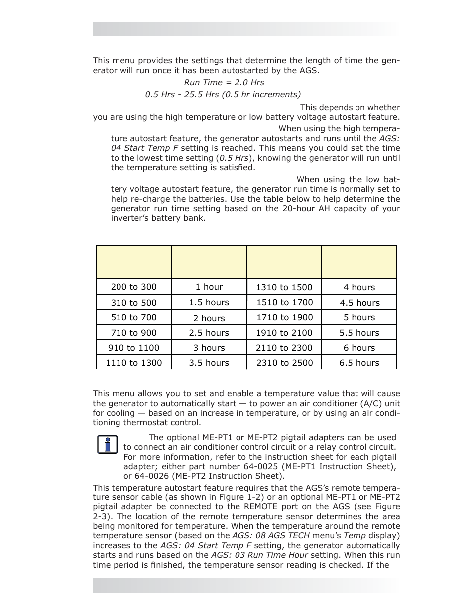 Ags: 03 run time hour menu, Ags: 04 start temp f menu, 0 using the me-rc remote | Magnum Energy AGS Network (ME-AGS-N) User Manual | Page 36 / 103