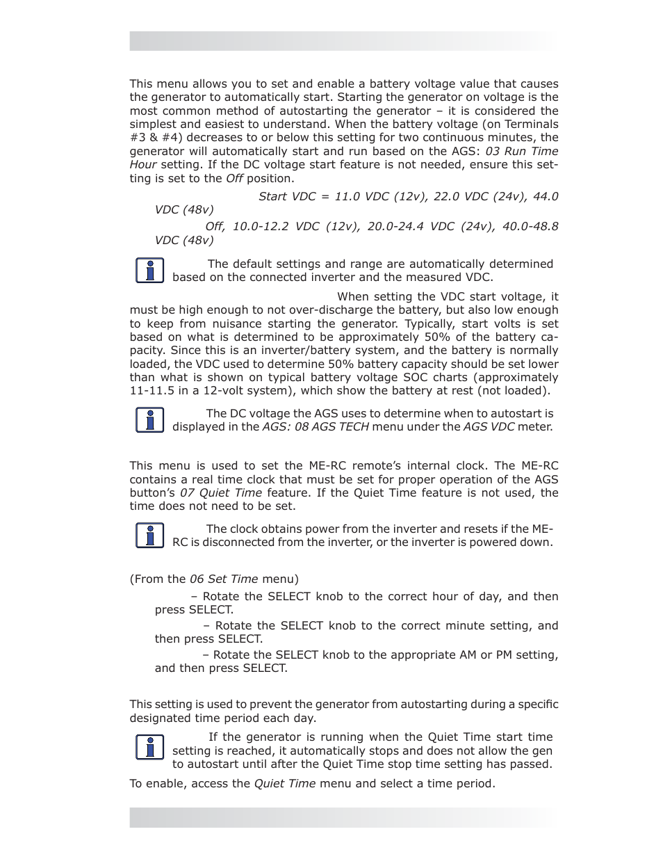 Ags: 05 start volts menu, Ags: 06 set time menu, Ags: 07 quiet time menu | 0 using the me-rc remote | Magnum Energy AGS Network (ME-AGS-N) User Manual | Page 38 / 103