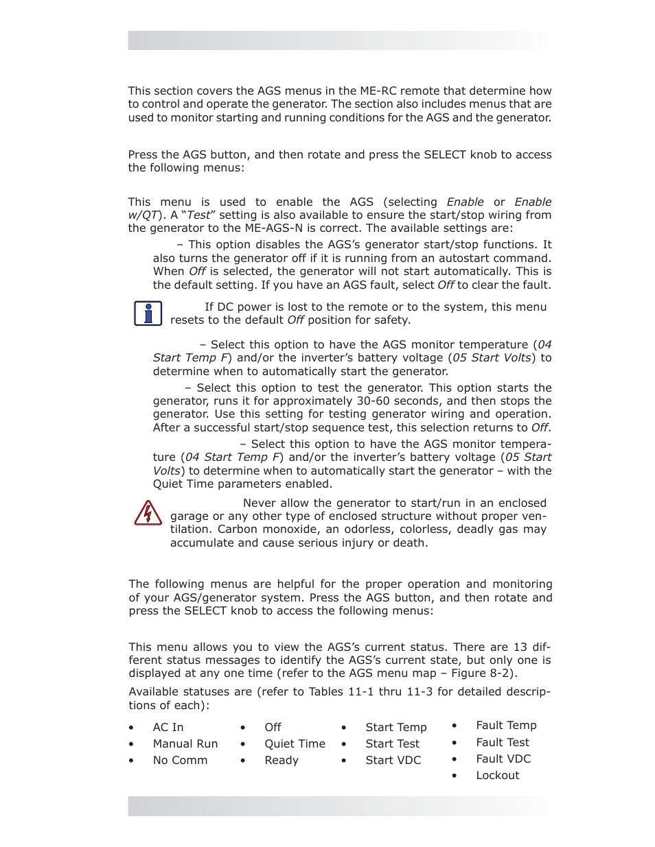 3 me-ags-n operation/monitoring using the me-rc, Ags: 01 ags control menu, Ags: 02 ags status menu | 0 using the me-rc remote | Magnum Energy AGS Network (ME-AGS-N) User Manual | Page 40 / 103