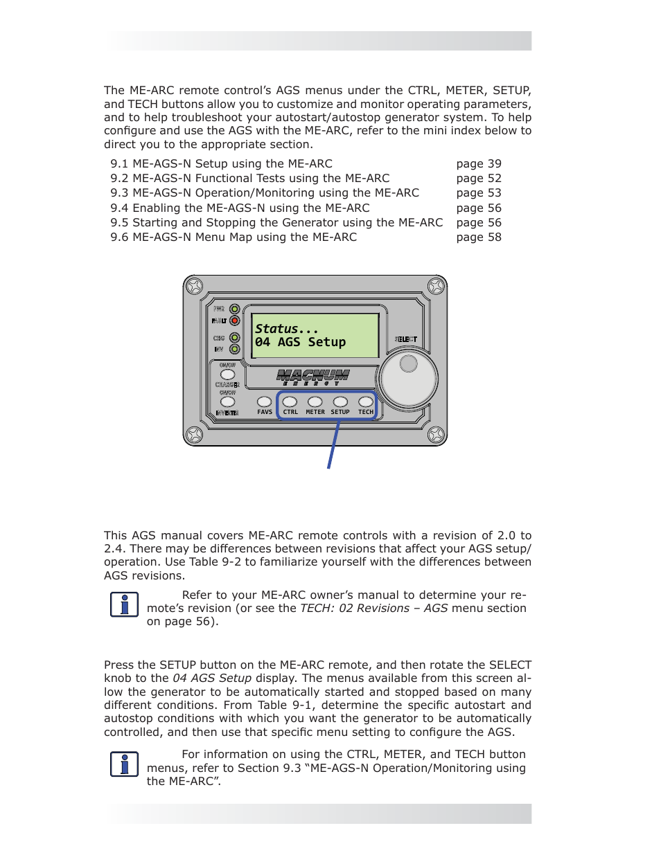 0 using the me-arc remote, 1 me-ags-n setup using the me-arc | Magnum Energy AGS Network (ME-AGS-N) User Manual | Page 45 / 103