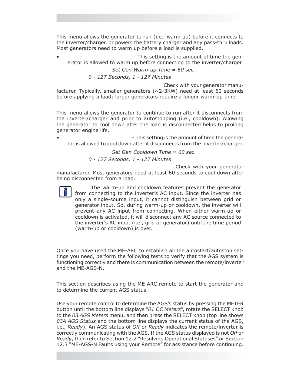 Setup: 04j gen cooldown time, 2 me-ags-n functional tests using the me-arc, 0 using the me-arc remote | Magnum Energy AGS Network (ME-AGS-N) User Manual | Page 58 / 103