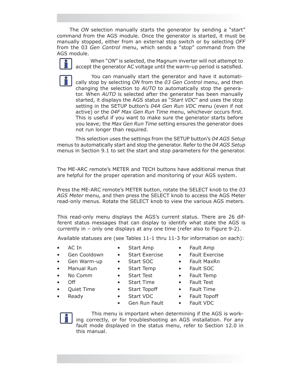 Meter: 03a ags status menu, 0 using the me-arc remote | Magnum Energy AGS Network (ME-AGS-N) User Manual | Page 60 / 103
