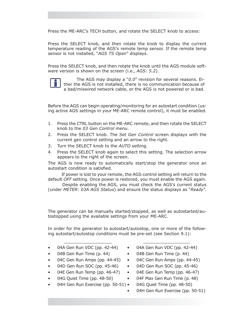 Tech: 01 temperatures, Tech: 02 revisions – ags, 4 enabling the me-ags-n using the me-arc | 0 using the me-arc remote | Magnum Energy AGS Network (ME-AGS-N) User Manual | Page 62 / 103