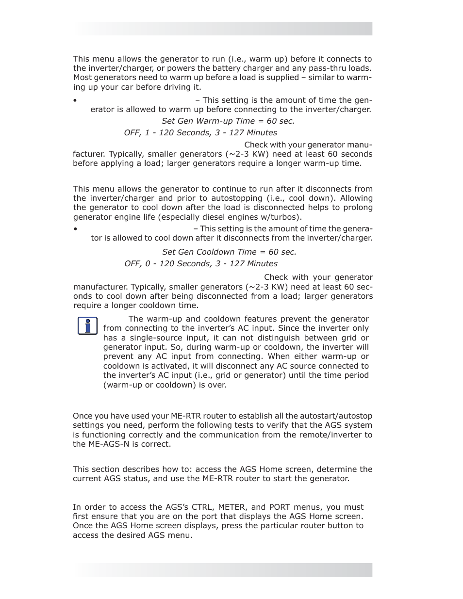 Setup: 04i gen warm-up time menu, Setup: 04j gen cooldown time, 2 me-ags-n functional tests using the me-rtr | 0 using the me-rtr router | Magnum Energy AGS Network (ME-AGS-N) User Manual | Page 79 / 103
