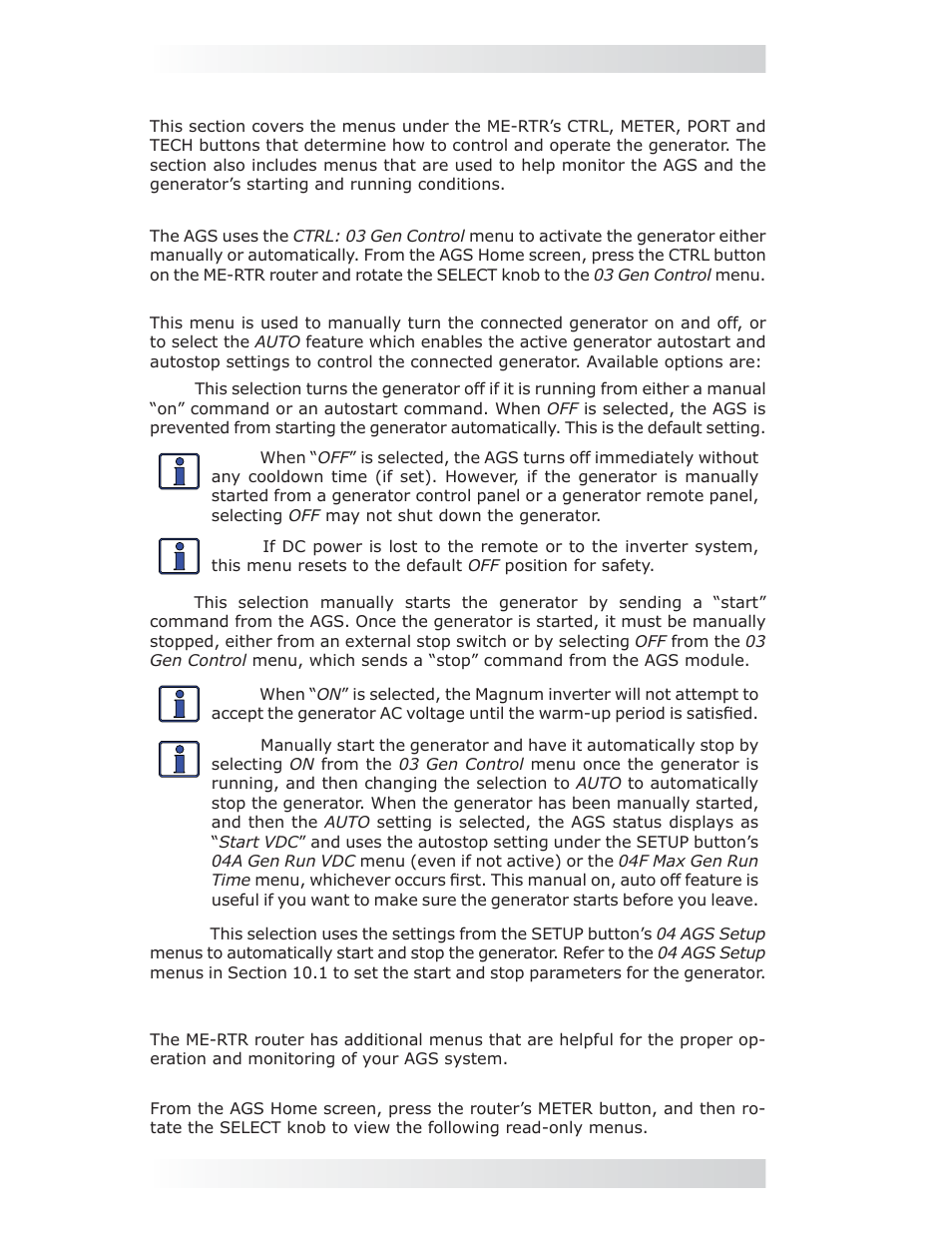 3 me-ags-n operation/monitoring using me-rtr, Ctrl: 03 gen control, 0 using the me-rtr router | Magnum Energy AGS Network (ME-AGS-N) User Manual | Page 81 / 103