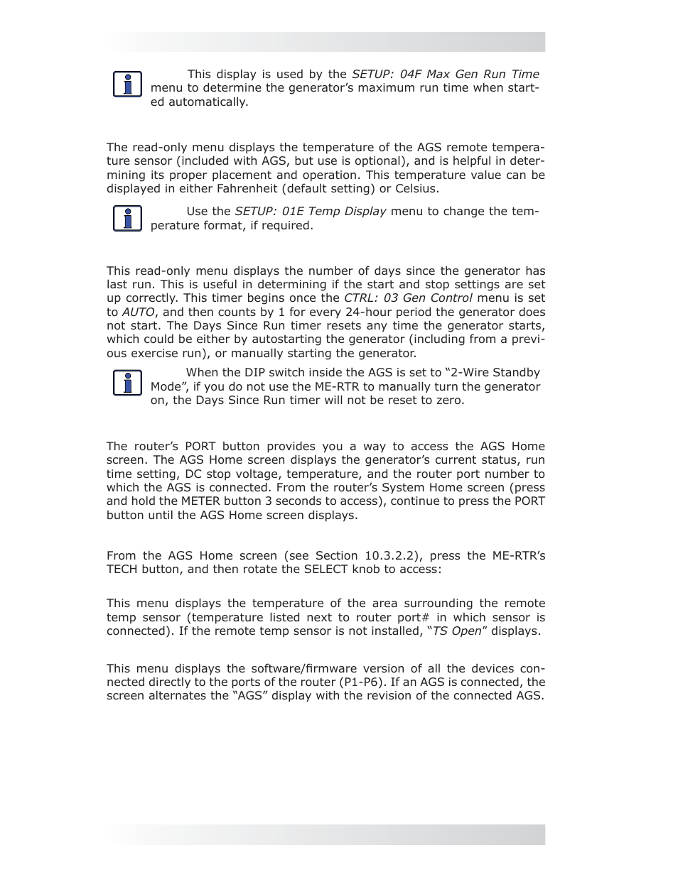 Meter: 03d ags temp menu, Meter: 03e since gen run (days) menu, Tech: 01a inv ags temp sensor | Tech: 02 firmware versions, 0 using the me-rtr router | Magnum Energy AGS Network (ME-AGS-N) User Manual | Page 83 / 103
