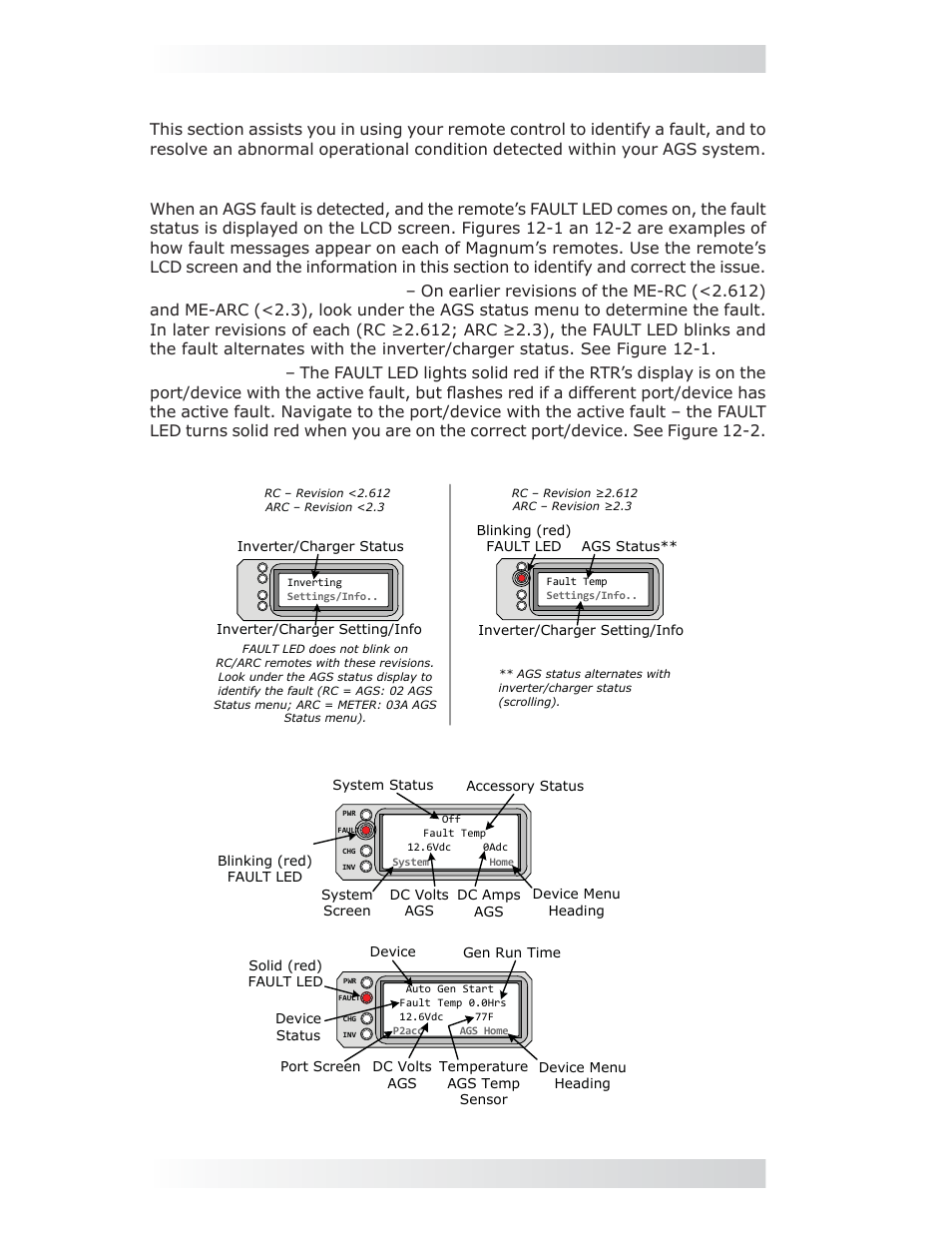 0 me-ags-n remote troubleshooting, 1 ags fault message screens for magnum remotes | Magnum Energy AGS Network (ME-AGS-N) User Manual | Page 95 / 103
